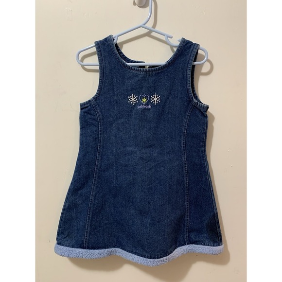 Oshkosh Denim Jumper‎ Dress Size 3T With Embroidered Floral & Fur Trim - Picture 1 of 6